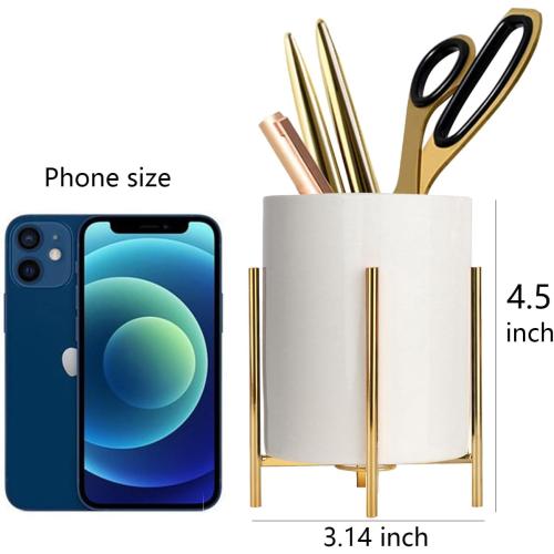 Gold pencil cup Sturdy metal frame with white ceramic pen holder For desks and kitchen appliance holders