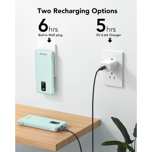 charmast Portable Charger with Built-in Cables and Plug, 10000mAh USB C Power Bank Fast Charging, External Battery Pack Slim, Travel Essentials Compatible with iPhones, Samsung Galaxy, iPad