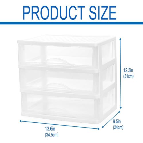 BYCY Plastic Stackable Storage 3 Drawers, White Bathroom Makeup Organizer with Wide Clear Drawers Tabletop Drawer Organizer for Desk,Easily Assemble for Fridge,Bathroom,Cabinet