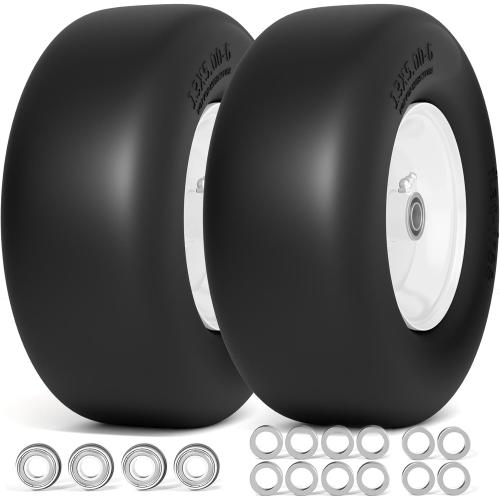 13x5.00-6 Flat Free Lawn Mower Tire, 13x5-6 Zero Turn Mower Front Tires, 13x5x6 Solid Mower Wheel for Residential and Commercial, 3/4 and Extra 5/8 Bearing, 3.25-5.9 Center Hub, 2Pack White