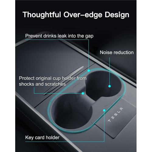 JOWUA Center Console Cup Holder for Tesla Model 3 / Model Y, Silicone, Washable (Grey, Center Console Cup Holder   Rear Seat Coaster)