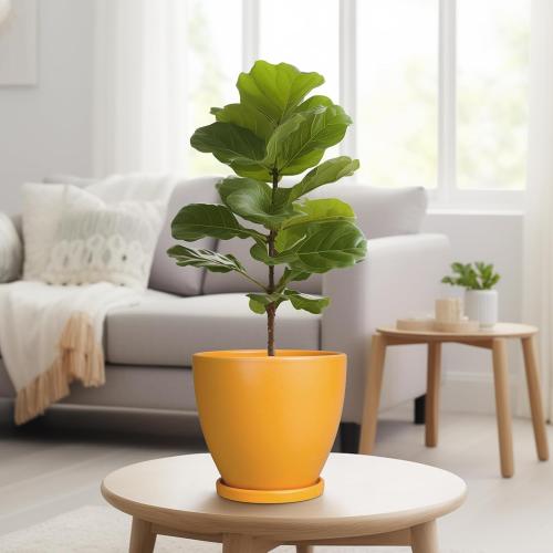 Ceramic Plant Pot - 8 Inch Planter for Indoor Outdoor Plants, Round Flower Pots with Drainage and Tray, Home Office Decor, Orange