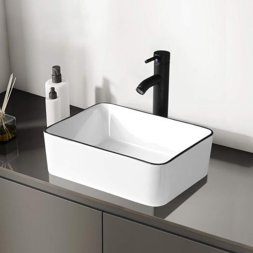 Ceramic Rectangular Bathroom Vessel Sink, 16'' x 12'' Above Counter Porcelain Small Sink with Faucet Combo, White Body with Black Trim on The Top