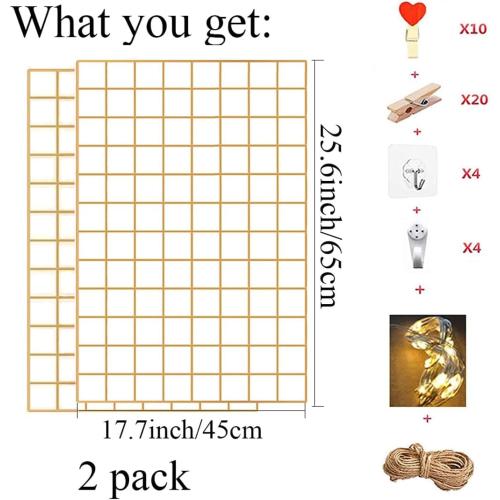 2 Pack Large Wall Grid Panels with Light and Clips, Photo Display Board, Picture Frame Collage Board, Wire Grid Wall Panel Room Decoration,Dark Gold