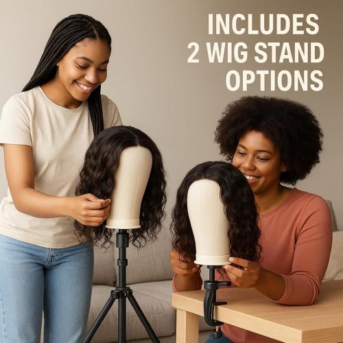 Wig Stand with Head, Adjustable Wig Head Stand, Canvas Wig Head Stand with Mannequin Head with Clamp Stand, Manikin Head Set for Wigs Cosmetology