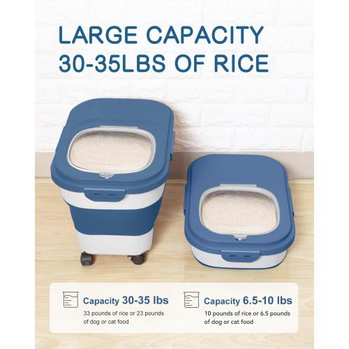 Rice Storage Container,Collapsible Food Storage Containers with Rolling Wheel Airtight Locking Lid,Flour Storage Container with Cup and Scoop,Suitable for Food,Rice,Pet Food,Flour