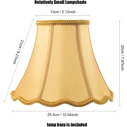 Golden Bell Scalloped Lampshade, 5 Top x 10 Bottom x 8 Vertical Height, Solid Lamp Shade Replacement with Brass Harp Set for Table Lamp, Double Layer Polyester Fabric Lamp Cover, Pack 1