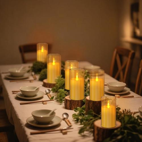 wemarry Flameless Candles Acrylic Glass Pillars 3 D x 6 H Battery Operated Flickering Candles Include 8-Key Remote with Timer Function 400  Hours (Amber, Warm Light 2 Pack)