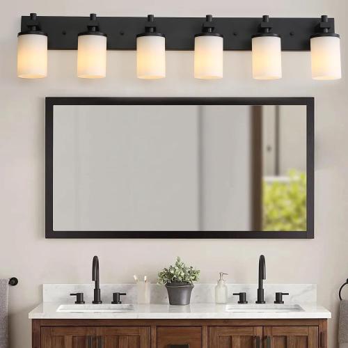 LOUSACE Bathroom Lighting Fixture Over Mirror, 6 Light Bathroom Vanity Lights Matte Black with Opal White Glass Shades, E26 Bulb Base, Wall Sconces Vanity Lighting Fixtures for Bathroom Living Room