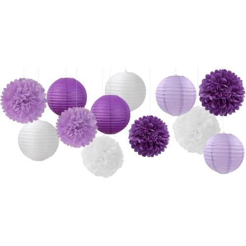 Purple-White Lavender Party Decorations Paper Flowers Lanterns - 15PCS Birthday Graduation Tissue Pom Poms Streamers, Baby Bridal Shower Wedding Retirement Bachelorette Hanging Supplies Decor Hugfond