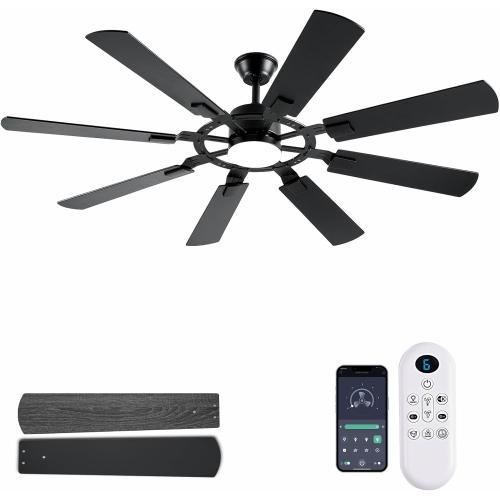 62 Inch Ceiling Fans with Lights, Large Low Profile Ceiling Fan with Remote Control, 8 Double Sided Blades, 6 Speed Reversible DC Motor, Silent Timing, Black Indoor Outdoor Ceiling Fan