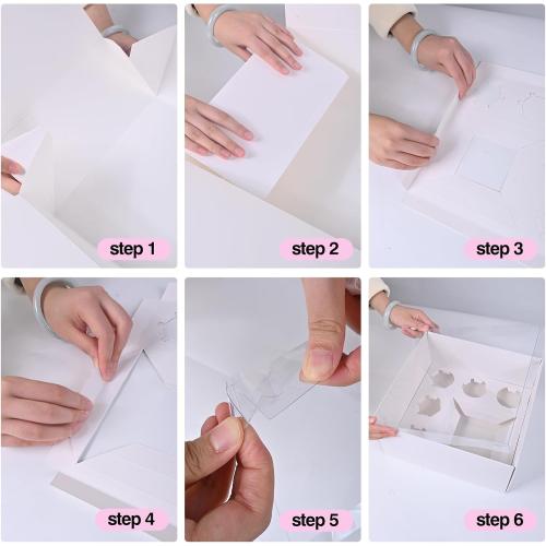 6 Packs 1 5 bento cake box with cupcakes,full clear lid,1 small Cake and 5 Cupcakes Box,Pink ribbon and Stickers for Family Birthday Party Mother's day (Pink ribbon)
