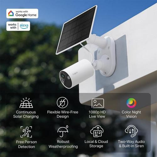 TP-Link SolarCam C402 Kit, Outdoor Battery Camera w/Solar Panel Base, Wireless, 1080P, Free Person Detection, SD/Cloud Storage, Color Night Vision, No Hub Needed, Works w/Alexa