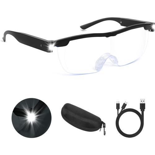 Magnifying Glasses with Light, 200% Magnification, USB Rechargeable LED Lighted Magnifying Glass, Anti Blue Light, Hands Free Head Magnifier Eyeglasses for Close Work, Hobbies, Reading, Craft（Black）