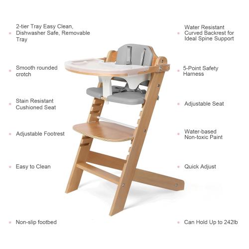 Cowiewie 3-in-1 Convertible Natural Wooden High Chair for Babies & Toddlers 3-Tier Remove & 2 Adjustable Wood Tray & 8 Levels Adjustable, 2 Waterproof Cozy Cushions Grey