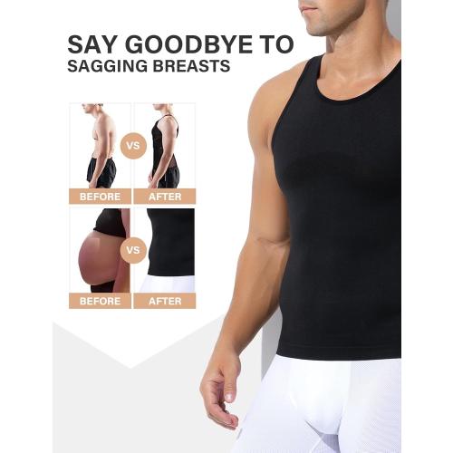 Size S Casey Kevin 3 Pack 2Black and 1White Men's Gynecomastia Compression Shirt Slimming Shapewear Tummy for Men Sleeveless Workout Tank Top