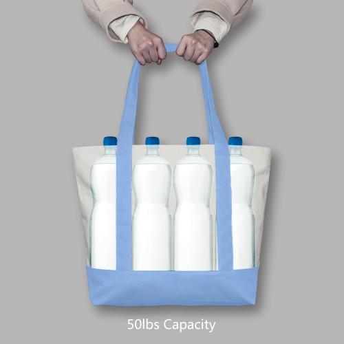 TOPDesign 1-Pack Canvas Tote Bag with an External Pocket, Reusable Grocery Shopping Bag, Top Zipper Closure, Daily Essentials (Light Blue/Natural)