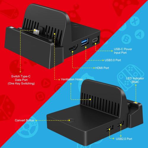 Docking Station for Nintendo Switch/Switch OLED, Ponkor Charging TV Dock, Portable Adapter Charger with USB 3.0 for Nintendo Switch Dock(No Cords)