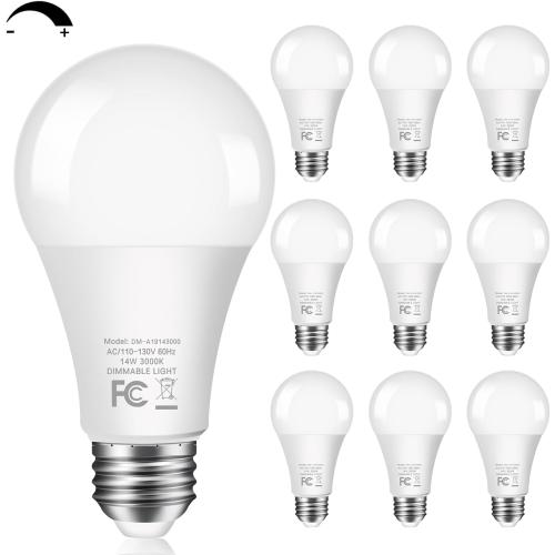 Warm White 10-Pack 14W LED Dimmable Light Bulbs, 100W Equivalent, A19 LED Bulbs - 1500LM, Warm White 3000K, No Flicker, E26 Base for Kitchen, Bedroom, Office