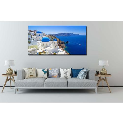 Size 24x48 Large Canvas Print Wall Art Santorini in Greece Painting Wall Decor, Blue Coastal Landscape Artwork Seascape Pictures for Living Room, Bedroom, Office Decoration - 24x48