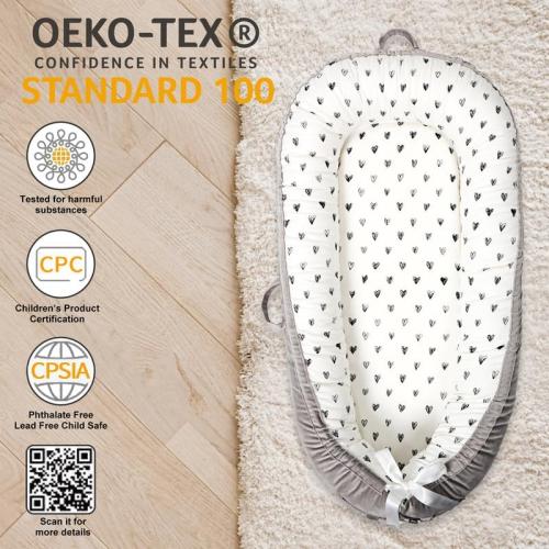 White, Black hearts, Grey Organic Cotton Baby Lounger – Reversible, Portable, Soft & Breathable with Washable Cover | Perfect for Awake-Time Use Only-Black Heart