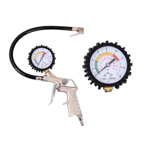 Tire Pressure Gauge with Inflator, 0-220PSI Dial Wheel Air Tire Pressure Gauge with Rubber Hose, Compatible with Air Pump Compressor for Cars Motorcycle Bike