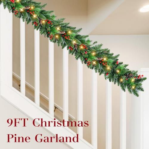 9ft Prelit Christmas Garland with Lights, Battery Operated Lighted Garland Pine Cones & Red Berries, Christmas Decoration for Mantle, Fireplace Indoor & Outdoor （Pine）