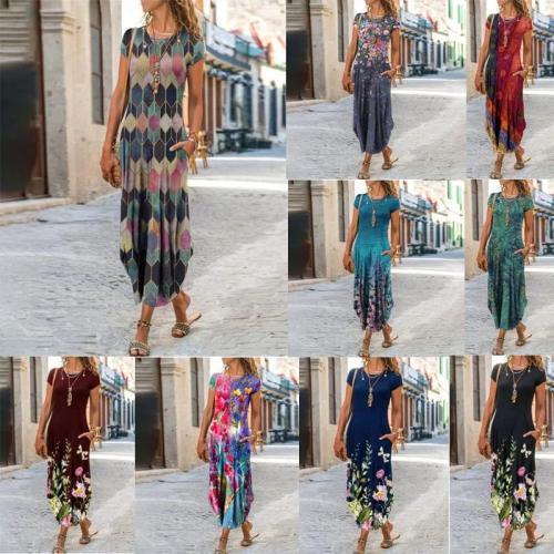 Summer XL Women's Floral Botanical Print Flowy Dress Crew Neck Short Sleeve Casual Beach Cover Ups Sundress with Pockets