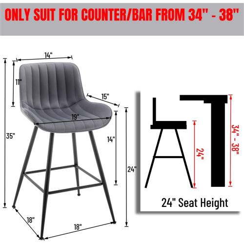 Counter Height Bar Stools, Modern Velvet Barstools Set of 2 with Black Legs and Fabric Seat and Back for Kitchen Island, Grey.