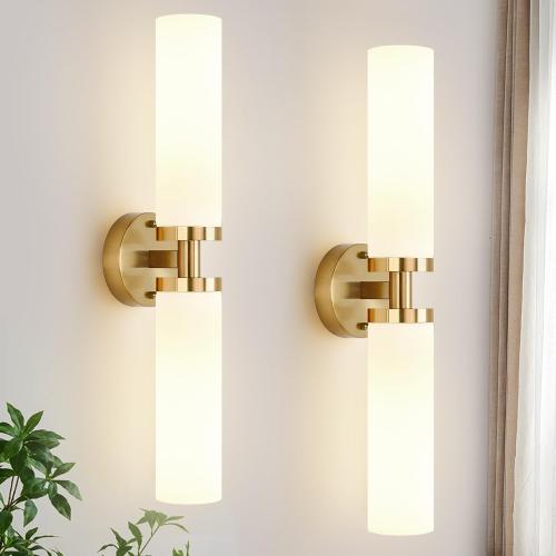 Wall Sconces Set of Two, Hardwired Brushed Gold Bathroom Sconces Wall Lighting with Milky White Glass, Modern Sconces Wall Decor Set of 2 Bathroom Light Fixtures for Mirror Living Room Hallway Bedroom