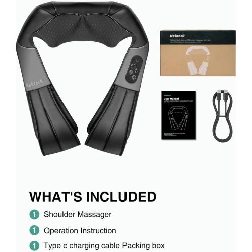 Nekteck Cordless Shiatsu Neck and Back Massager with Soothing Heat, Rechargeable Electric Deep Tissue 3D Kneading Massage Pillow for Shoulder Leg Body Muscle Pain Relief, 3 Speed Intensities