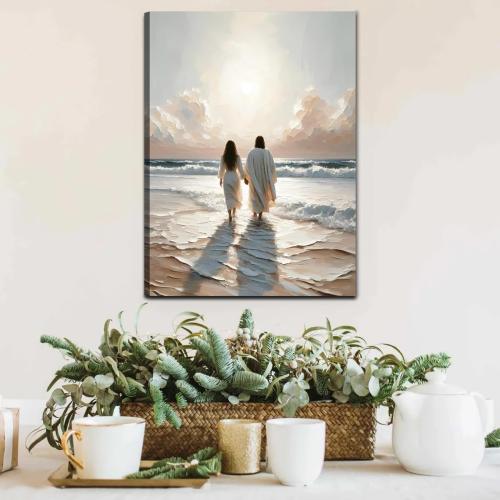 Jesus Canvas Wall Art Jesus Woman Walking on Water Wall decor pictures Religious Coastal Painting Christian poster prints for living room bedroom Home Decoration Ready to hang (24inx36in Canvas)