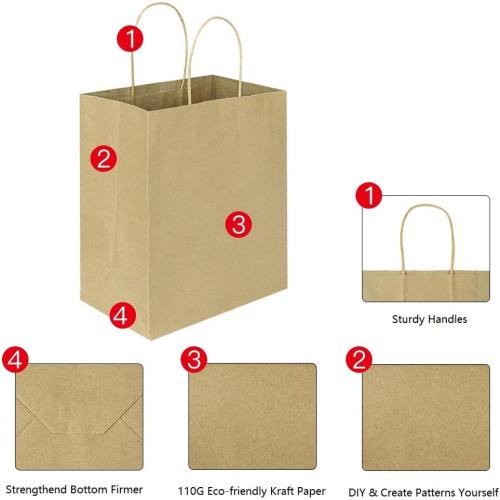 Oikss 100 Pack 8x4.75x10 Inch Medium Brown Kraft Paper Bags with Handles Bulk for Wedding Birthday Party Favors Grocery Retail Shopping Business Goody Craft Gift Bags Sacks (Plain Natural 100 Count)