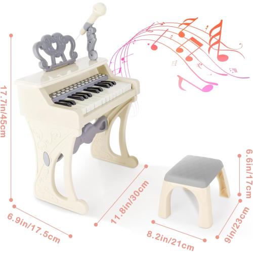 deAO Toddler Piano for Kids 3-6 Years - 25 Key Baby Piano Musical Toy with Stool & Microphone-Educational Toys Birthday Christmas Girls Gifts (White)