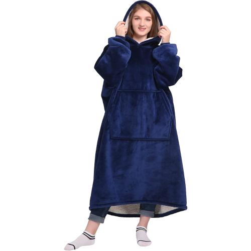 Waitu Oversized Wearable Blanket Sweatshirt Gifts for Women and Men, Soft Sherpa Blanket Hoodie with Sleeves and Pocket, Warm Body Blanket Robe - Navy