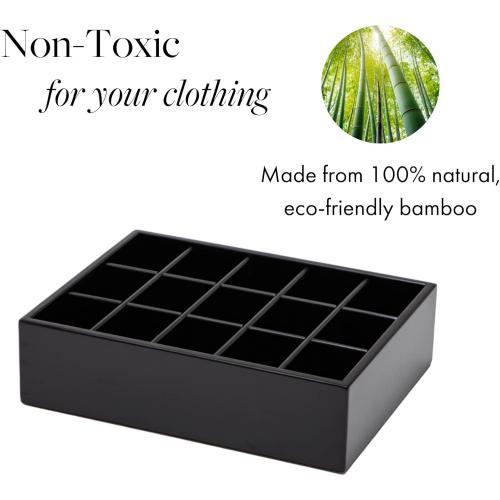 GOBAM Bamboo Closet Drawer Organizer, 15 Compartments - Drawer Divider & Storage Box for Ties, Bras, Briefs, Socks & Jewelry - Storage Organizer for Dressing Room & Bedroom - Black