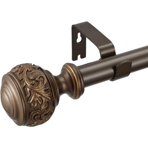Decorative Window Curtain Rod 1-Inch Diameter with Modern Design Floral Carved Ball Finials, Drapery Curtain Pole Extends from 72 to 144 Inches,Floral Antique Bronze