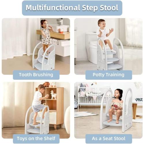 Toddler 3 Step Stool Onasti Kids Standing Tower for Toddlers Plastic Learning Helper Stool for Kitchen Counter Bathroom Sink Toilet Potty Training with Handles and Non-Slip Pads-Grey White
