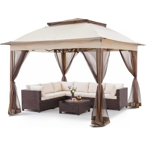 COOS BAY 11x11 Pop Up Gazebo with Mesh Netting, Instant Outdoor Canopy Tent, Water Resistant Shelter with UPF 50  UV Protection, 121 Sq Ft Coverage, Beige