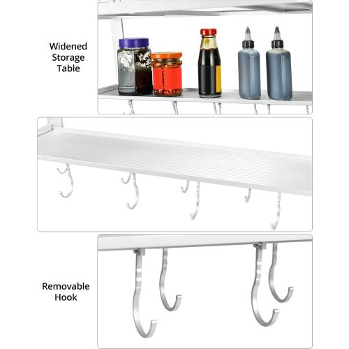 QWORK Microwave Oven Rack Shelf, Wall Mount Electric Oven Holders, Aluminum Double-Layer Microwave & Spice Rack, 2 Shelves with 10 Hooks, Support Load 88lbs, 21.65x15x9.84