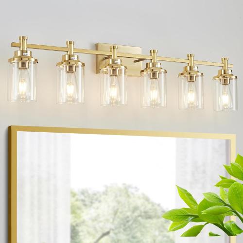 Brushed Brass Vanity Light, 6-Light Fixtures with Clear Glass Shades, Over Mirror, for Bathroom, Living Room, Hallway