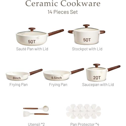CAROTE Ceramic Cookware Sets, Pots and Pans Set Non stick, Non Toxic Healthy Induction Cookware, 14 Pcs Nonstick Kitchen Pots and Pans Set, PFAS PTFE Free, Dishwasher Safe