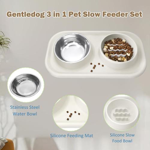 Waterproof Silicone Cat Food Bowls, Stainless Steel & Silicone Slow Feeder Double Bowls, Non-Skid & Non-Spill Raised Edge, Food and Water Feeder for Cat and Puppy