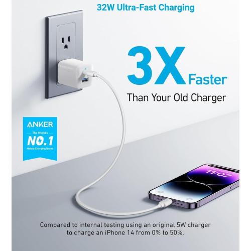 Anker 32W 2-Port Compact USB C Charger with Foldable Plug for iPhone 15/15 Plus/15 Pro/15 Pro Max/14/13, Pixel, Galaxy, iPad/iPad Mini and More (Cable Not Included) - White