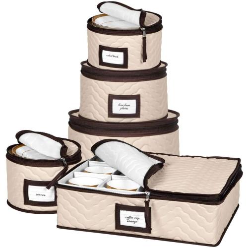 China Storage Containers 5-Piece Set Moving Boxes for Dinnerware, Glasses, Plates, Mugs and Saucers Sturdy Quilted Microfiber Dish Organizer with Dividers for Seasonal Storage - Holds Set of 12