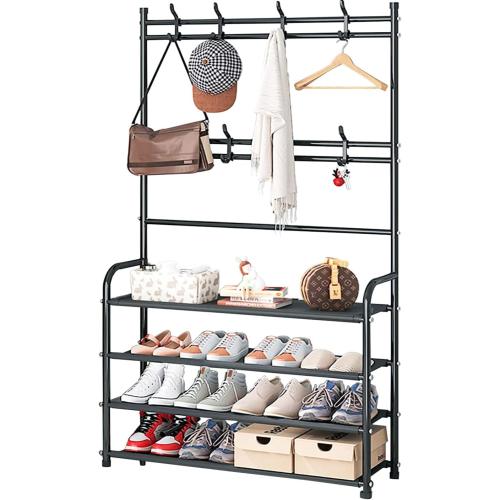 Black H: 61 4 Tier Shoe Rack Coat Rack Shoe Shelf Freestanding with 8 Hooks for Front Door Entryway Bedroom Closet, Black