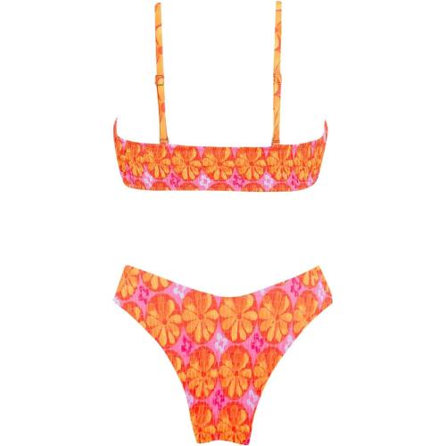 Size M.... Women's Triangle Bikini Set Smocked Textured Scoop Frilled Print Ruched Elastic Swimsuit Two Piece Bathing Suit