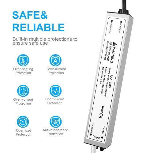 LightingWill LED Driver 30 Watts Waterproof IP67 Power Supply Transformer, 90-265V AC to 12V DC Low Voltage Output, Adapter with 3-Prong Plug 3.3 Feet Cable for Outdoor Use, Computer Project