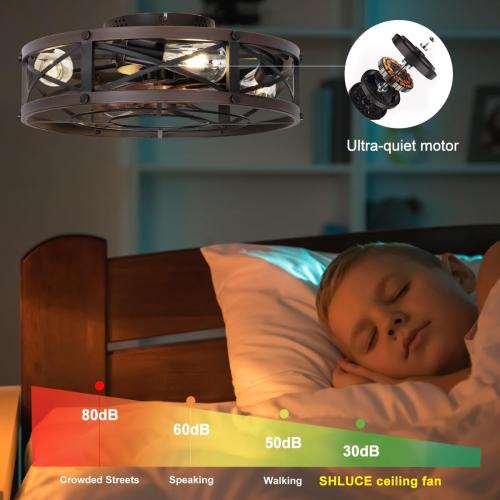 SHLUCE 19 Caged Low Profile Ceiling Fan with Light, Farmhouse Small Flush Mount Ceiling Fans with Lights and Remote, Rustic Bladeless Ceiling Fan with Light for Bedroom, Kitchen, Brown - ETL
