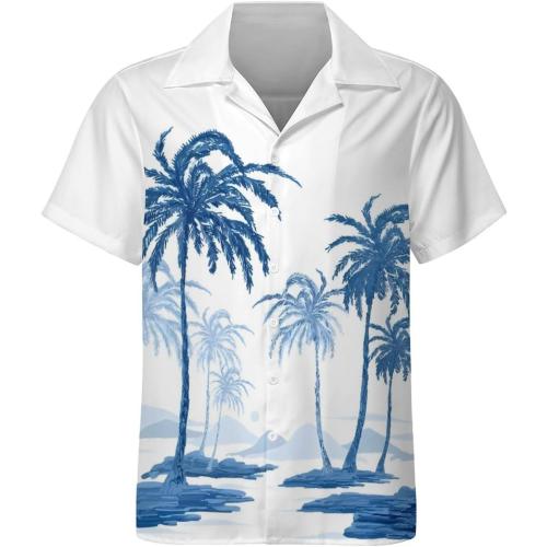 Size L...Black White Coconut Tree Men's Cuban Collar Hawaiian Shirts Short Sleeve Button Down Casual Beach Shirts,